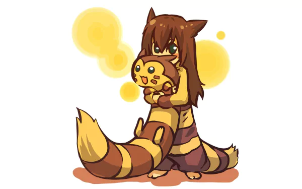 HD PC desktop wallpaper: anime-style Furret (Pokémon) character hugging a Furret plush, warm brown striped fur and soft yellow bokeh background.