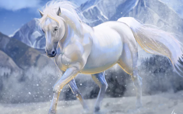 A majestic white horse gallops through a snowy landscape, set against towering mountains, creating a stunning HD desktop wallpaper and background.
