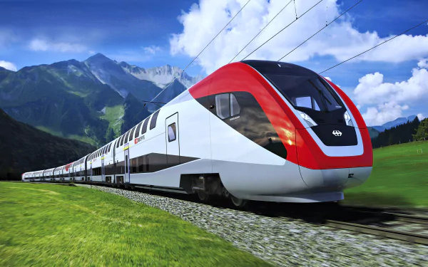 A modern train glides along the tracks in Switzerland, surrounded by lush greenery and majestic mountains, captured in stunning 4K Ultra HD detail.