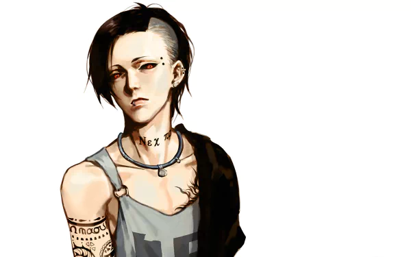 Uta from Tokyo Ghoul appears in this HD anime desktop wallpaper, showcasing his distinctive style with tattoos and an edgy look against a simple background.