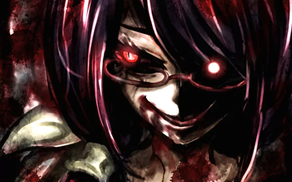 HD wallpaper featuring Rize Kamishiro from the anime Tokyo Ghoul. The image showcases a dark, intense close-up with a sinister expression and glowing red eyes.