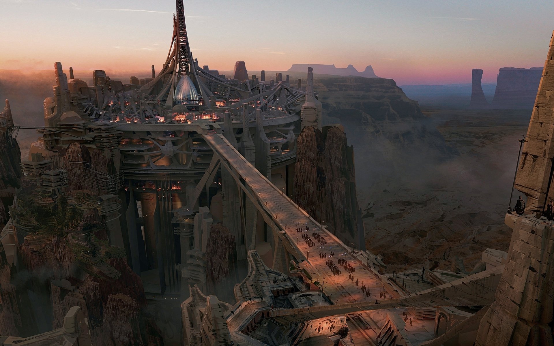 A stunning fantasy cityscape featuring a majestic structure atop rocky terrain, illuminated under a twilight sky. This HD PC desktop wallpaper captures an ethereal and otherworldly atmosphere.