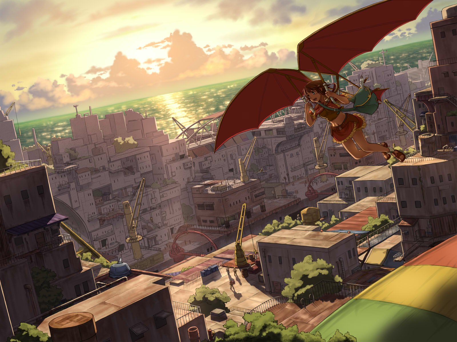 HD desktop wallpaper from Gargantia on the Verdurous Planet featuring a character flying over a lush, futuristic cityscape at sunset.