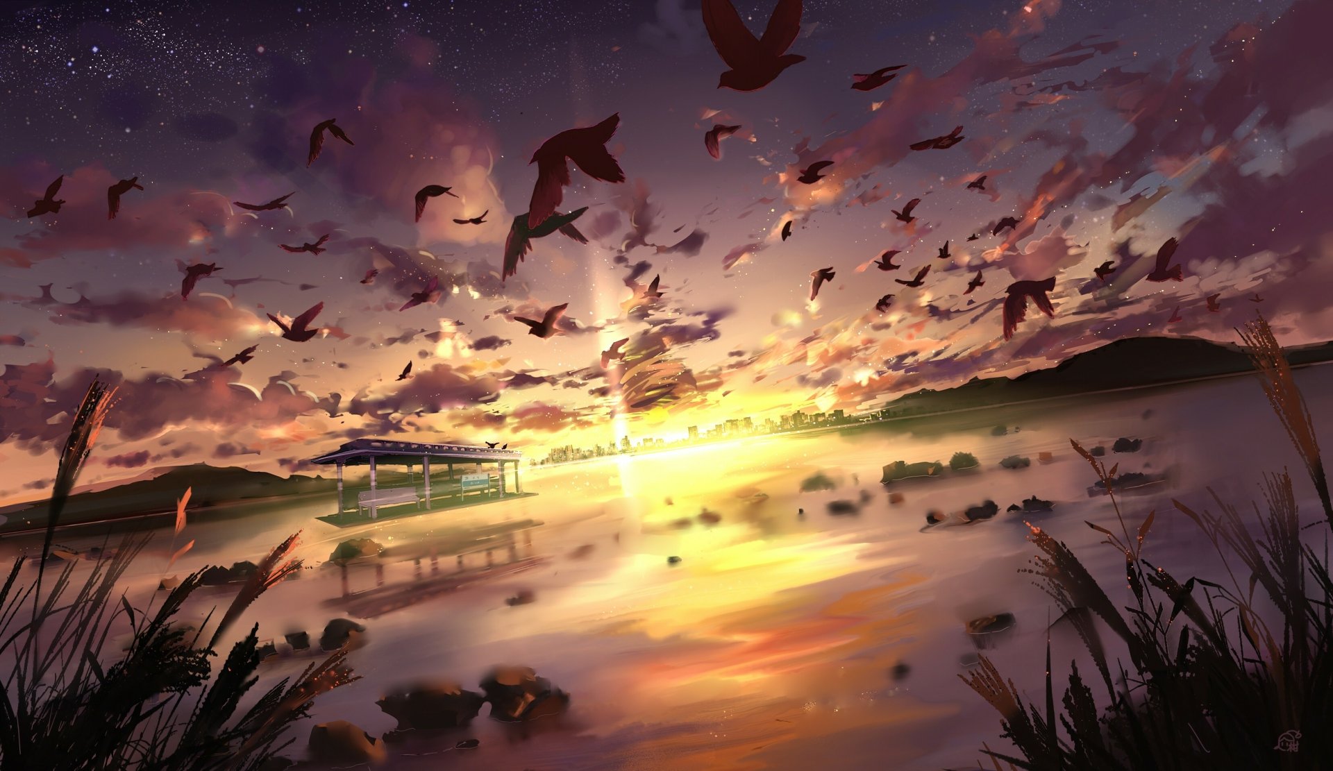 HD anime landscape wallpaper featuring a vibrant sunset over water with birds flying across a cloud-filled sky.