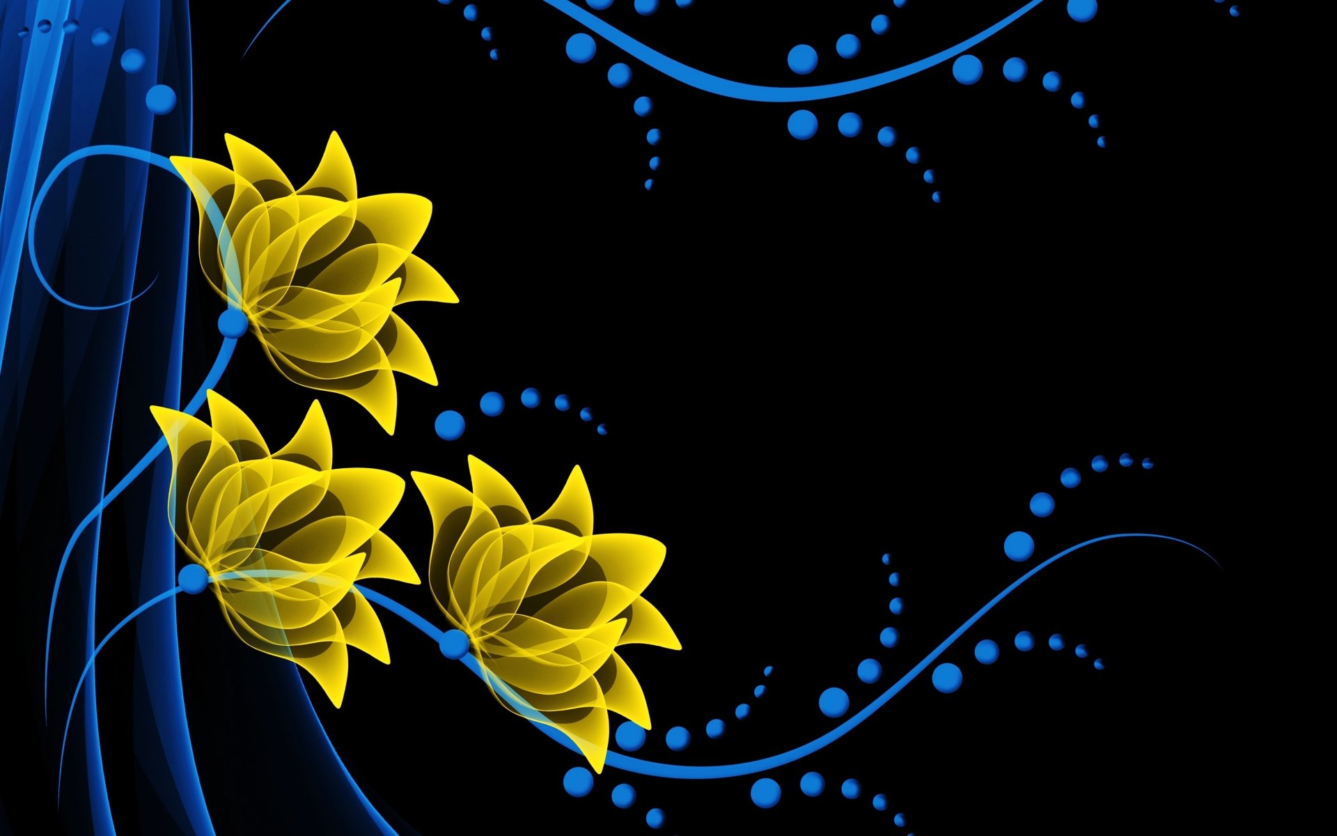 A vibrant neon artistic design featuring yellow flowers intertwined with blue swirls, set against a black background, showcasing a stunning 4K Ultra HD aesthetic.