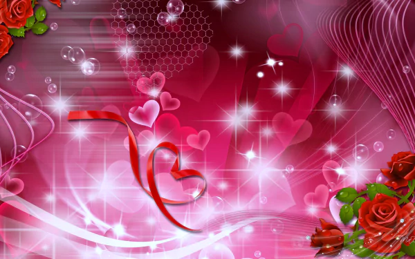 HD desktop wallpaper featuring an artistic design of shimmering hearts, a red ribbon, and roses on a radiant pink background, conveying romance and love.