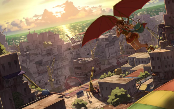 HD desktop wallpaper from Gargantia on the Verdurous Planet featuring a character flying over a lush, futuristic cityscape at sunset.
