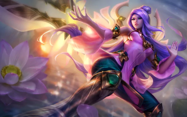 HD desktop wallpaper featuring Irelia from League of Legends, showcasing her dynamic pose and vibrant colors against a serene backdrop with lotus flowers.