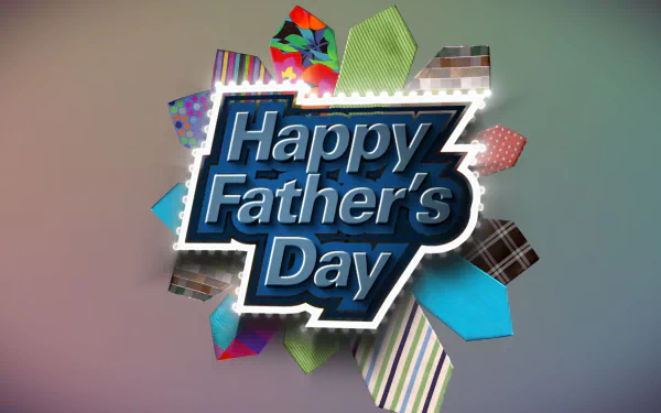 HD PC desktop wallpaper featuring a colorful burst of patterned ties with the bold text Happy Father's Day for the holiday celebration.