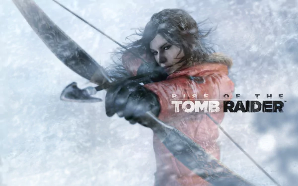HD desktop wallpaper featuring the video game Rise of the Tomb Raider. The image showcases the protagonist, ready to shoot an arrow amid a snowy background.