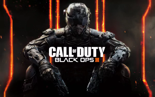 HD desktop wallpaper featuring a soldier in futuristic armor from the video game Call of Duty: Black Ops III, with red glowing lines in the background.