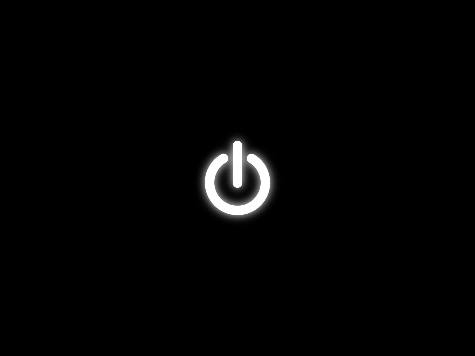 Minimalistic HD PC desktop wallpaper featuring a glowing white power button icon on a black background, representing technology and hardware themes.