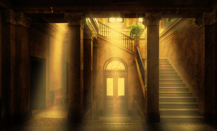 Sunlight streams through an interior entrance with a door, stairs, and a bench, highlighting the man-made architectural details in this 4K Ultra HD PC desktop wallpaper.