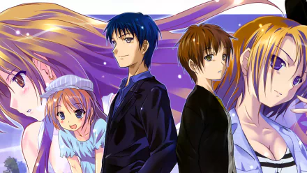 HD desktop wallpaper featuring characters Chinami Oka, Linda, Mitsuo Yanagisawa, Banri Tada, and Kōko Kaga from the anime Golden Time.