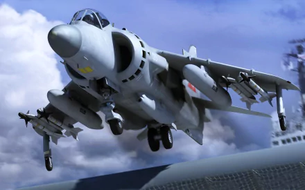 Close-up view of a British Aerospace Sea Harrier FA2 warplane in flight, captured in 4K Ultra HD with detailed military aircraft features and weaponry.