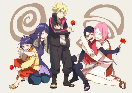 HD desktop wallpaper featuring Naruto characters Sakura Haruno, Sarada Uchiha, Hinata Hyuga, Himawari Uzumaki, and Boruto Uzumaki from 'Boruto: Naruto the Movie'.