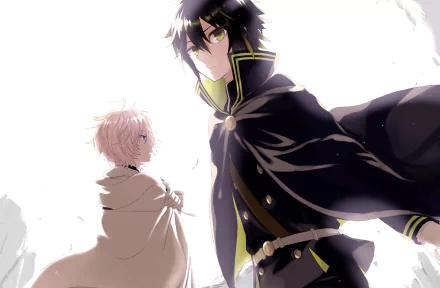 HD wallpaper featuring Mikaela Hyakuya and Yūichirō Hyakuya from the anime Seraph of the End, standing against a white background.
