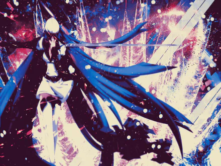 An HD wallpaper depicting Esdeath from Akame ga Kill! in a dynamic pose, surrounded by vibrant colors and abstract patterns, showcasing the intense atmosphere of the anime.