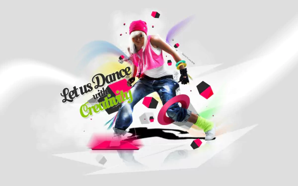A vibrant HD wallpaper featuring a dancer in motion, surrounded by colorful geometric shapes and the text Let us Dance with Creativity, capturing the energy of music and dance.