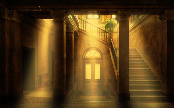 Sunlight streams through an interior entrance with a door, stairs, and a bench, highlighting the man-made architectural details in this 4K Ultra HD PC desktop wallpaper.