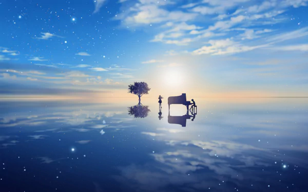 HD desktop wallpaper featuring anime characters Kousei Arima and Kaori Miyazono with a piano under a tree, set against a serene sky mirrored by calm waters.