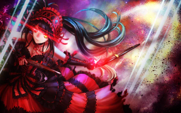 HD desktop wallpaper featuring Kurumi Tokisaki from the anime Date A Live, showcasing her in detailed, vibrant artwork with a cosmic background.