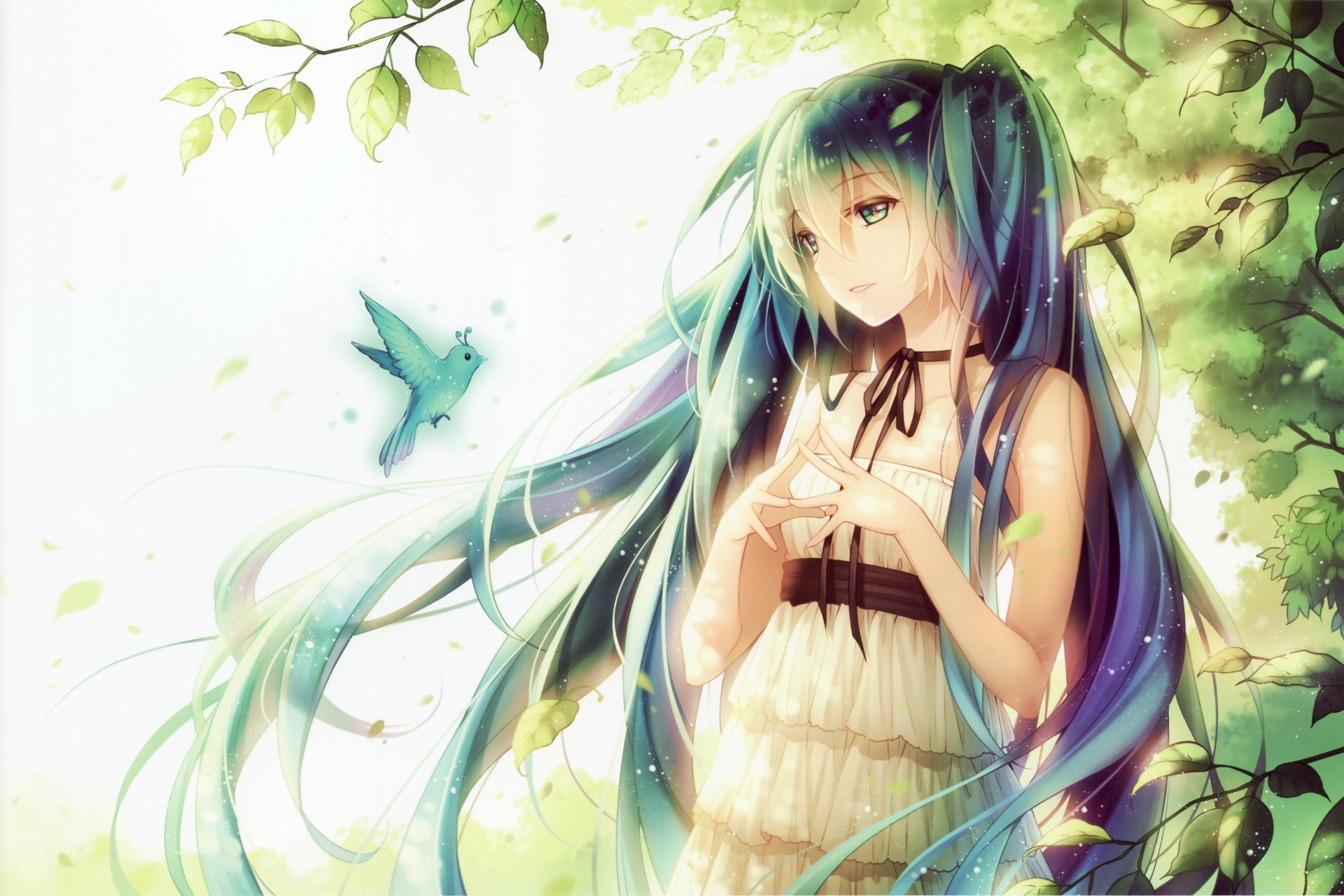 A serene HD wallpaper featuring Hatsune Miku, an anime character with long blue hair and striking blue eyes, standing amidst nature with a small blue bird nearby.