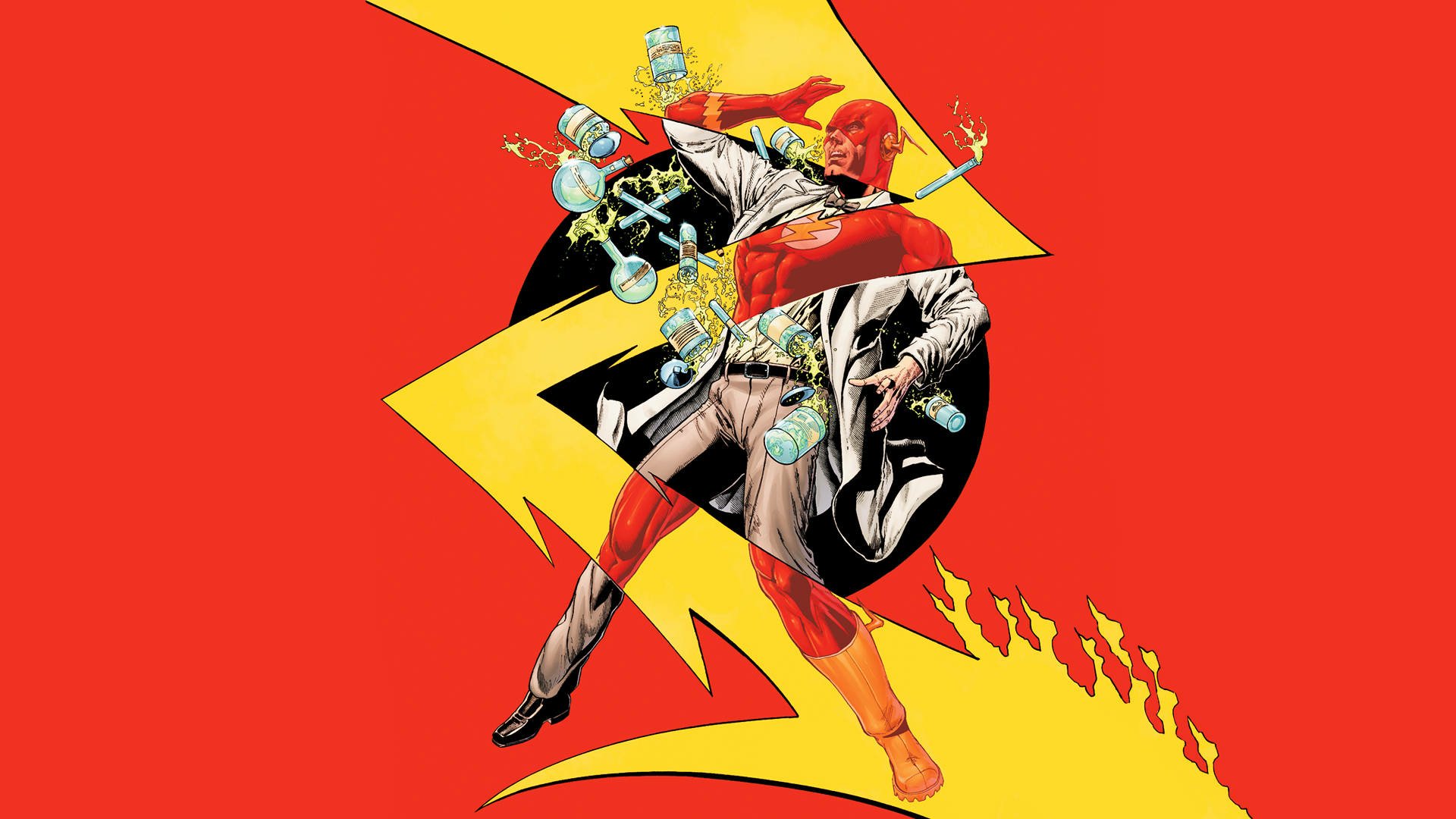 Comic Flash HD PC desktop wallpaper background: The Flash bursts through a jagged yellow lightning bolt on a vivid red field, mid-run with motion blur and trailing flame accents.