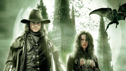 Hugh Jackman and Kate Beckinsale star in this captivating HD desktop wallpaper from the movie Van Helsing, featuring a dark, supernatural landscape.