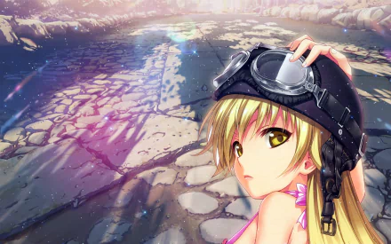 HD anime wallpaper featuring Shinobu Oshino from Monogatari Series: Second Season. The blonde character with yellow eyes is seen wearing a hat with goggles against a serene, stone-paved background.