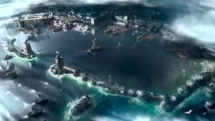 HD desktop wallpaper featuring a stunning ocean-side cityscape from the video game Assassin's Creed. The image showcases a detailed harbor with ships, buildings, and misty atmospheric effects.