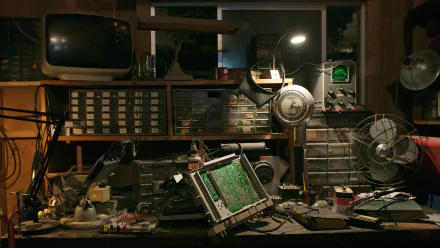 HD desktop wallpaper showing a cluttered workshop with vintage electronics and a dismantled computer, themed after Halt And Catch Fire.