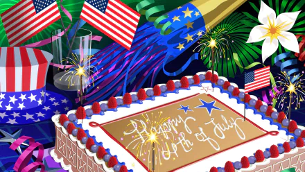 HD 4th of July desktop wallpaper featuring a festive cake, sparklers, American flags, and patriotic decorations celebrating the holiday.