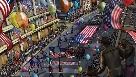 HD PC desktop wallpaper depicting a vibrant 4th of July holiday parade with balloons, American flags, and a crowd celebrating Independence Day.