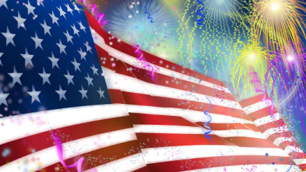 HD PC desktop wallpaper featuring an American flag with colorful fireworks and confetti celebrating the 4th of July holiday.