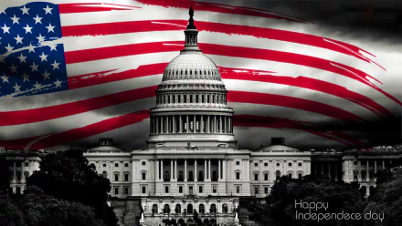 HD PC desktop wallpaper featuring the U.S. Capitol building in black and white with a large, vibrant American flag waving in the background for the 4th of July holiday.