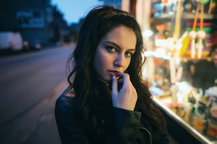 A woman with black hair and blue eyes poses outdoors in a dimly lit street, offering a model-like look. This HD image serves as a striking desktop wallpaper and background.