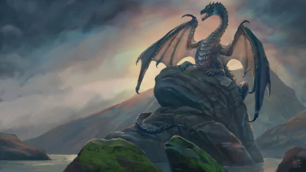HD fantasy desktop wallpaper depicting a majestic dragon perched on rocky cliffs under a moody, cloudy sky.