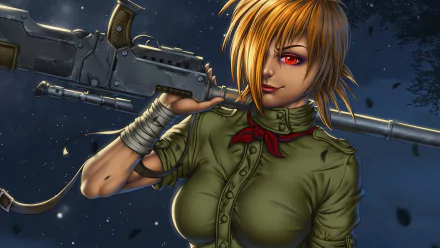 A dynamic HD wallpaper featuring a fierce anime character from Hellsing, wielding a large weapon with a confident expression against a nighttime backdrop.