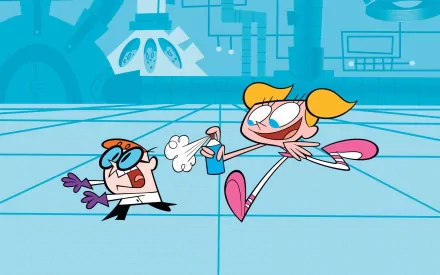 A vibrant HD wallpaper featuring characters from *Dexter's Laboratory*, showcasing Dexter in a lab coat and gloves, and Dee Dee joyfully running with a playful expression.