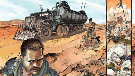 4K Ultra HD PC wallpaper from Mad Max: Fury Road depicting Max Rockatansky and Imperator Furiosa beside an armored tanker truck in a desert wasteland.