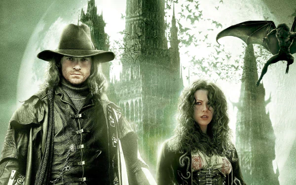 Hugh Jackman and Kate Beckinsale star in this captivating HD desktop wallpaper from the movie Van Helsing, featuring a dark, supernatural landscape.