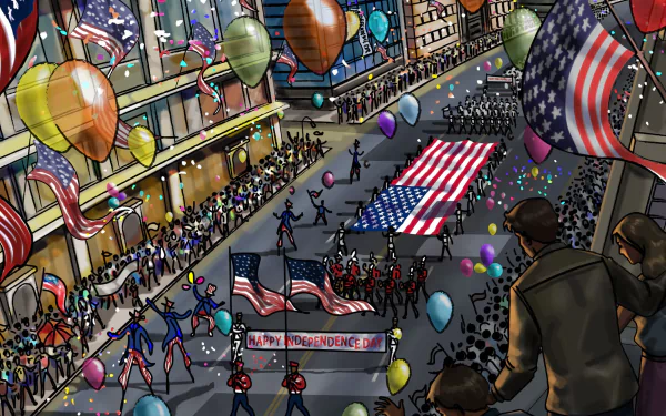 HD PC desktop wallpaper depicting a vibrant 4th of July holiday parade with balloons, American flags, and a crowd celebrating Independence Day.