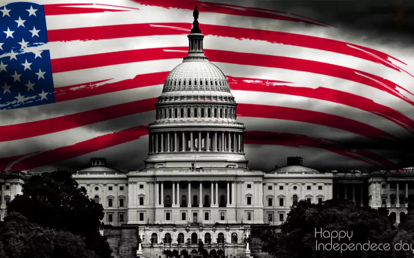 HD PC desktop wallpaper featuring the U.S. Capitol building in black and white with a large, vibrant American flag waving in the background for the 4th of July holiday.