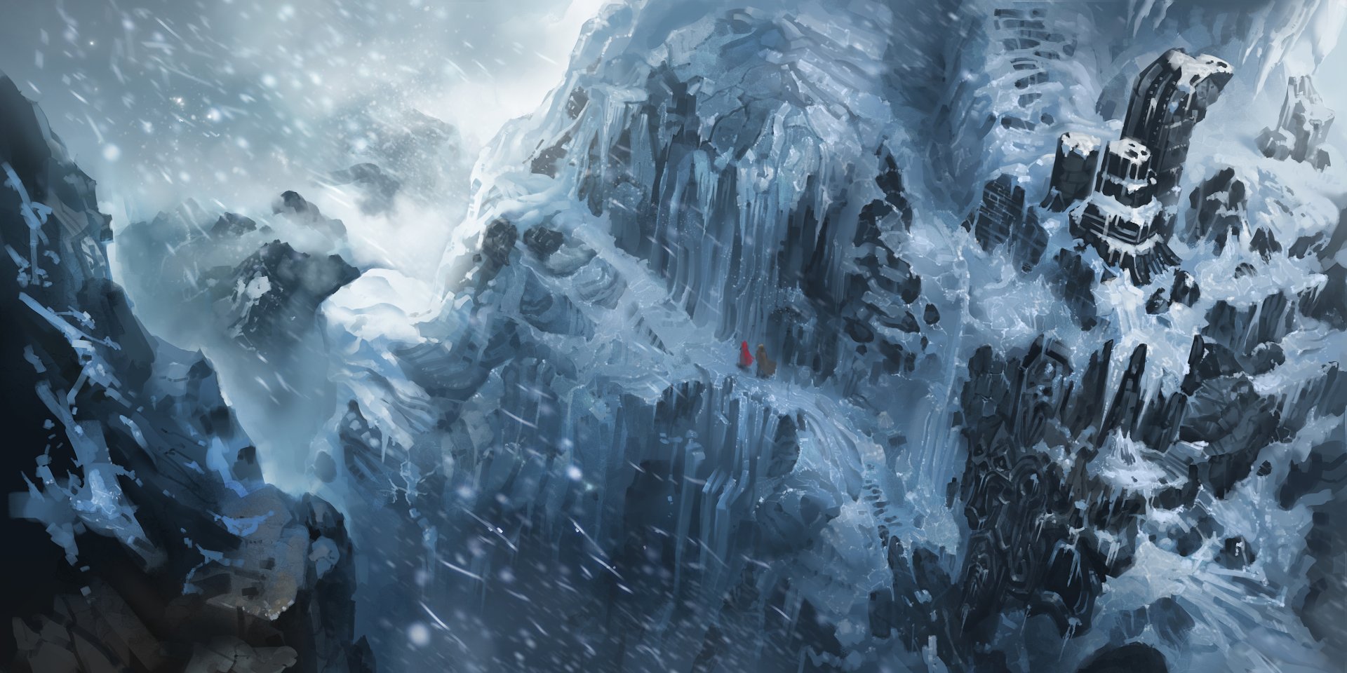 2K Quad HD PC desktop wallpaper from the video game World of Legend: vast, windswept icy peaks and steep, snow-lashed cliffs under a stormy sky.