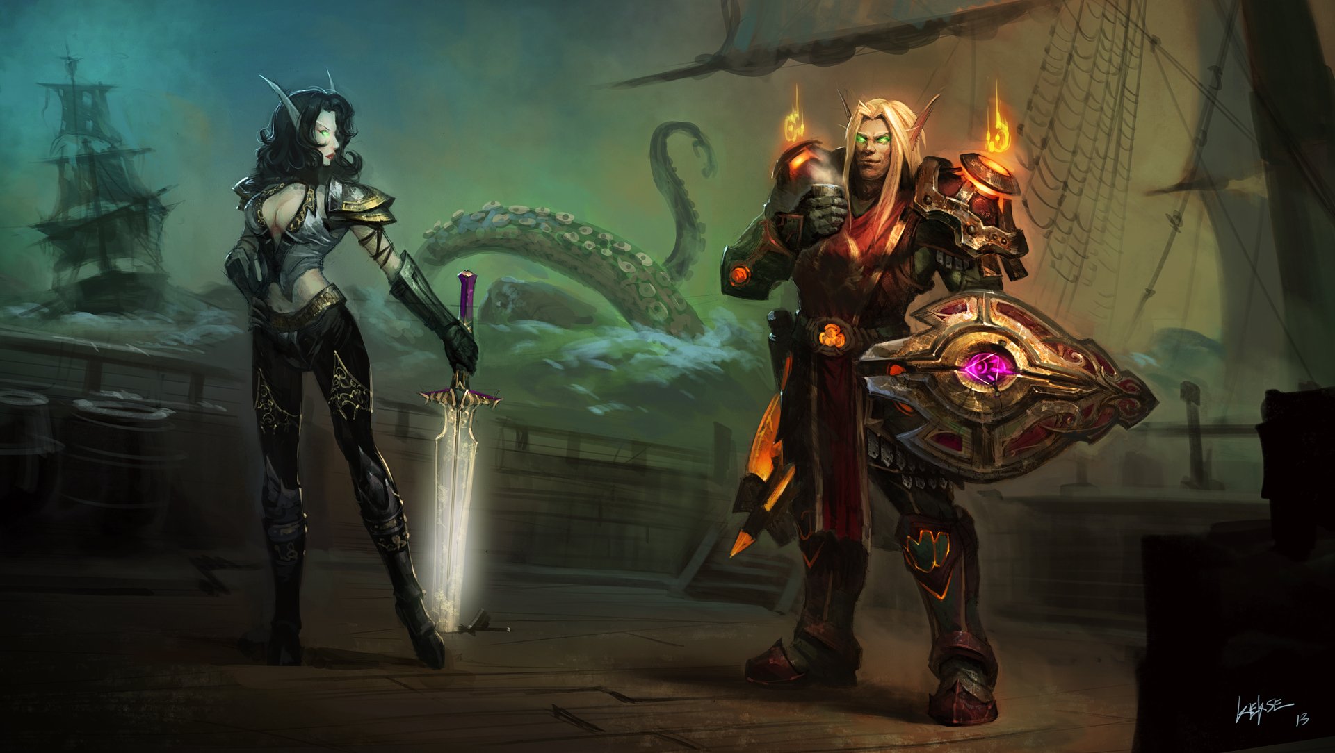 HD World of Warcraft PC desktop wallpaper featuring a dark rogue and a fiery armored warrior on a ship with a sea monster in the background.