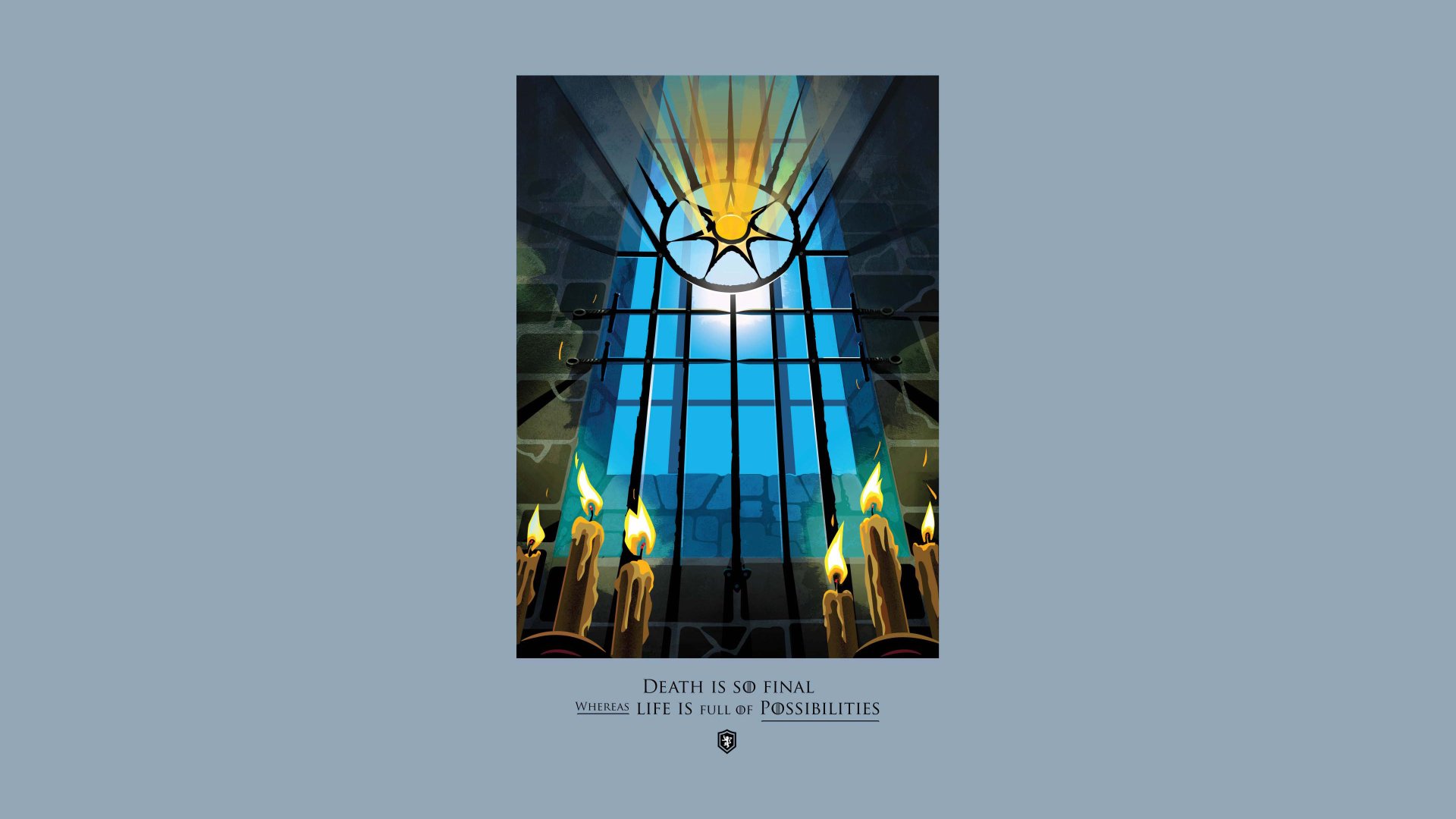 4K Ultra HD Game of Thrones TV show wallpaper featuring a stained glass window with a star and lit candles inside a dark room.