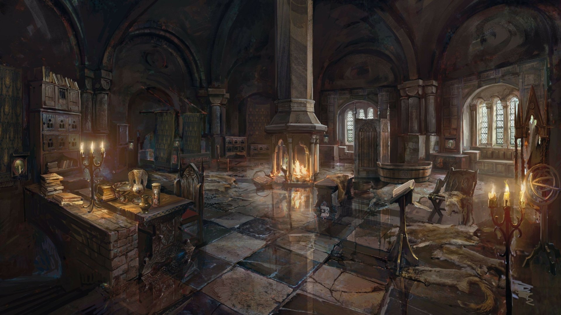 HD PC desktop wallpaper of a dimly lit medieval room from The Witcher 3: Wild Hunt video game, featuring stone walls, candles, and a central fireplace.