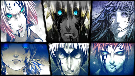 HD desktop wallpaper featuring intense close-ups of Temari, Rock Lee, Gaara, Hinata Hyuga, Naruto Uzumaki, and Sakura Haruno from the anime Naruto, showcasing dramatic and fierce expressions.