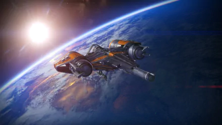 A sleek spaceship from the sci-fi video game Destiny glides above Earth, bathed in the warm glow of a distant sun, creating an immersive HD desktop wallpaper scene.
